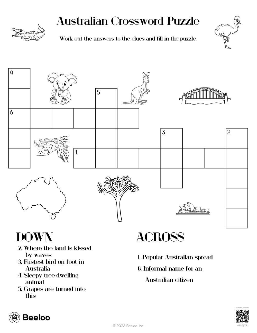 Australia themed Crossword Puzzles Beeloo Printables