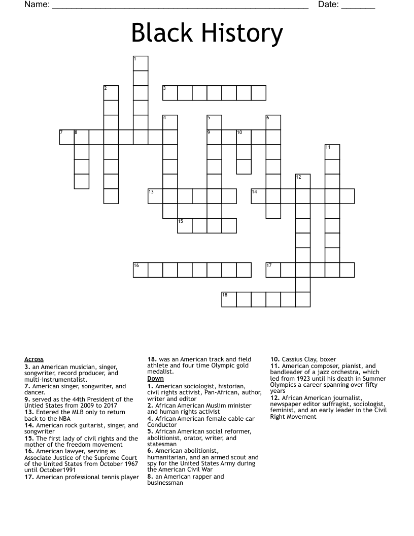 Black History Crossword Puzzle Printable Pdf