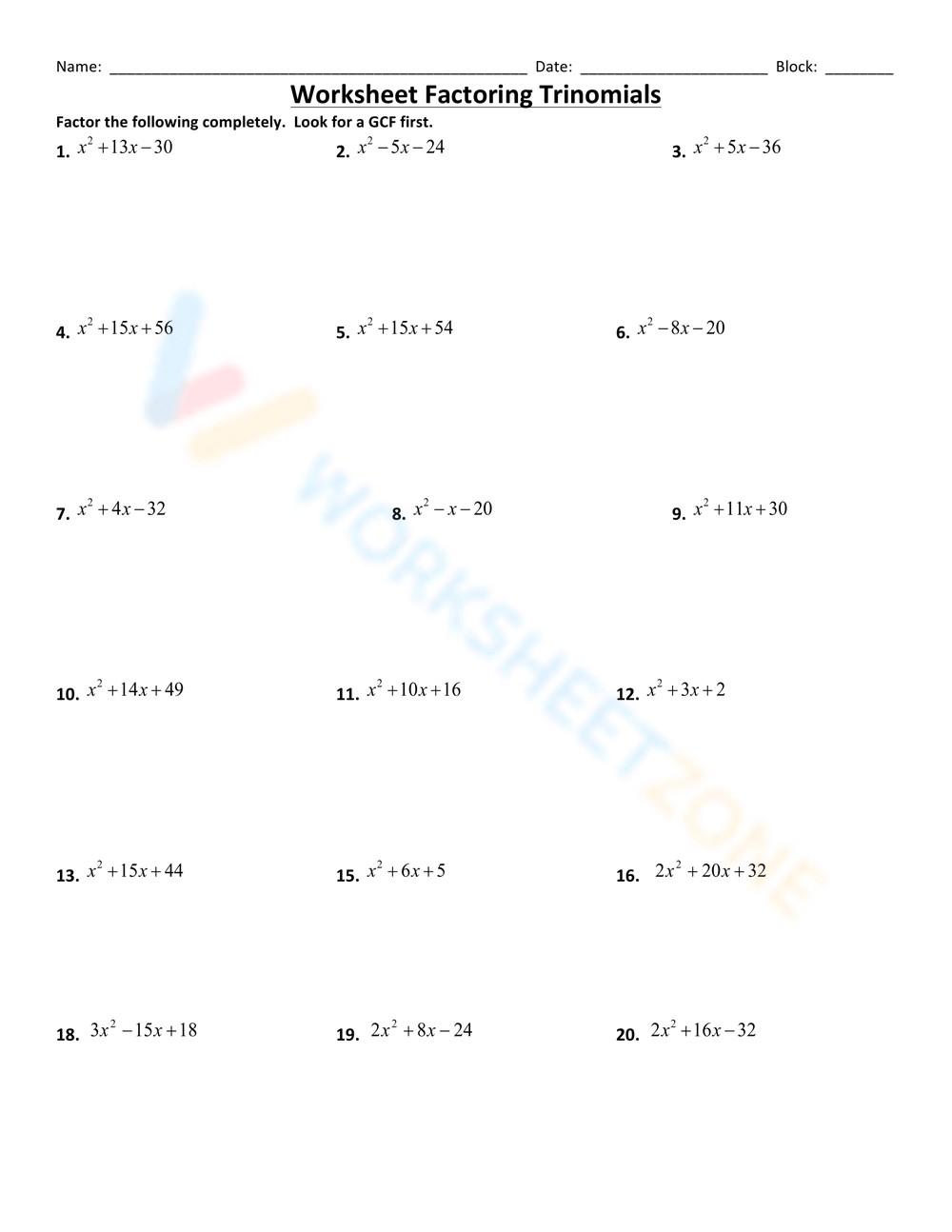 Factoring Trinomials Worksheet For 9th 11th Grade Lesson Planet