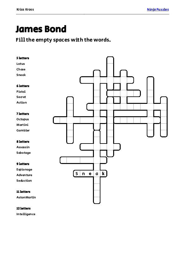 Free James Bond Kriss Kross Puzzle Free Printable PDF