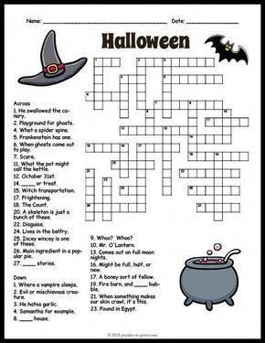Free Printable Halloween Crossword Halloween Worksheets Halloween 