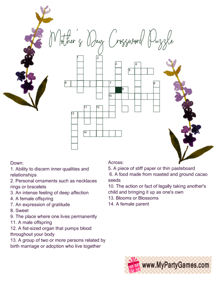 Free Printable Mother s Day Crossword Puzzle With Solution Key