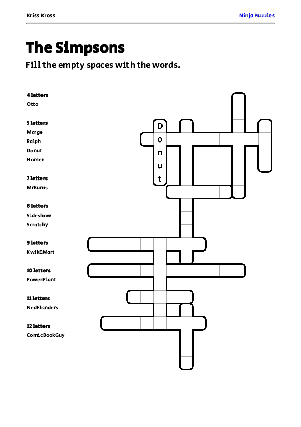 Free The Simpsons Kriss Kross Puzzle Free Printable PDF