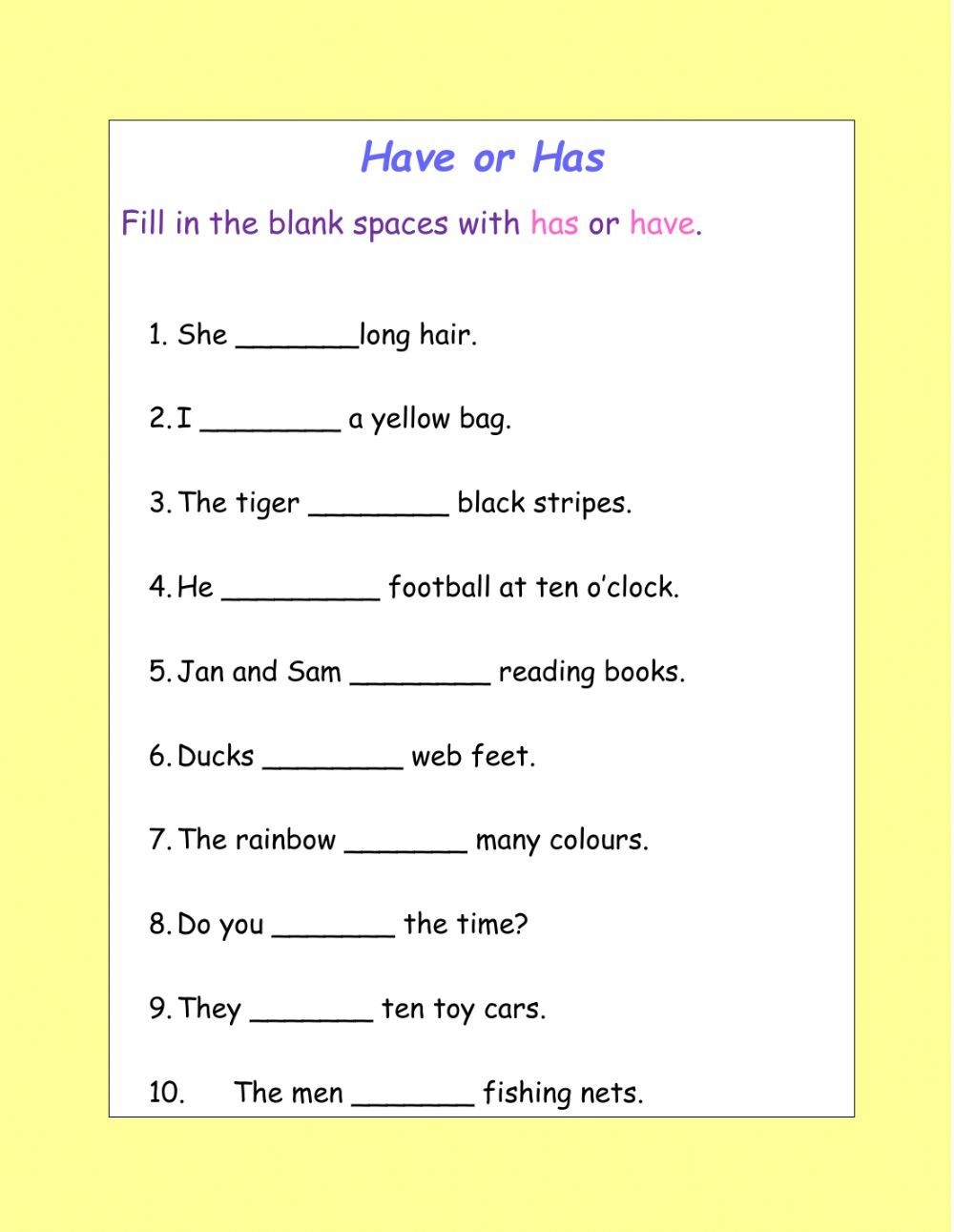 Has Or Have Worksheet