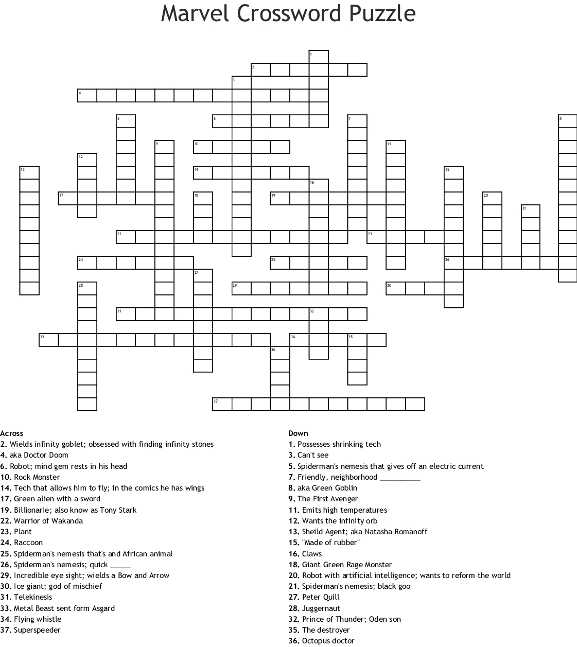 Libreng The Avengers Crossword Printable Superhero Crossword Puzzle 