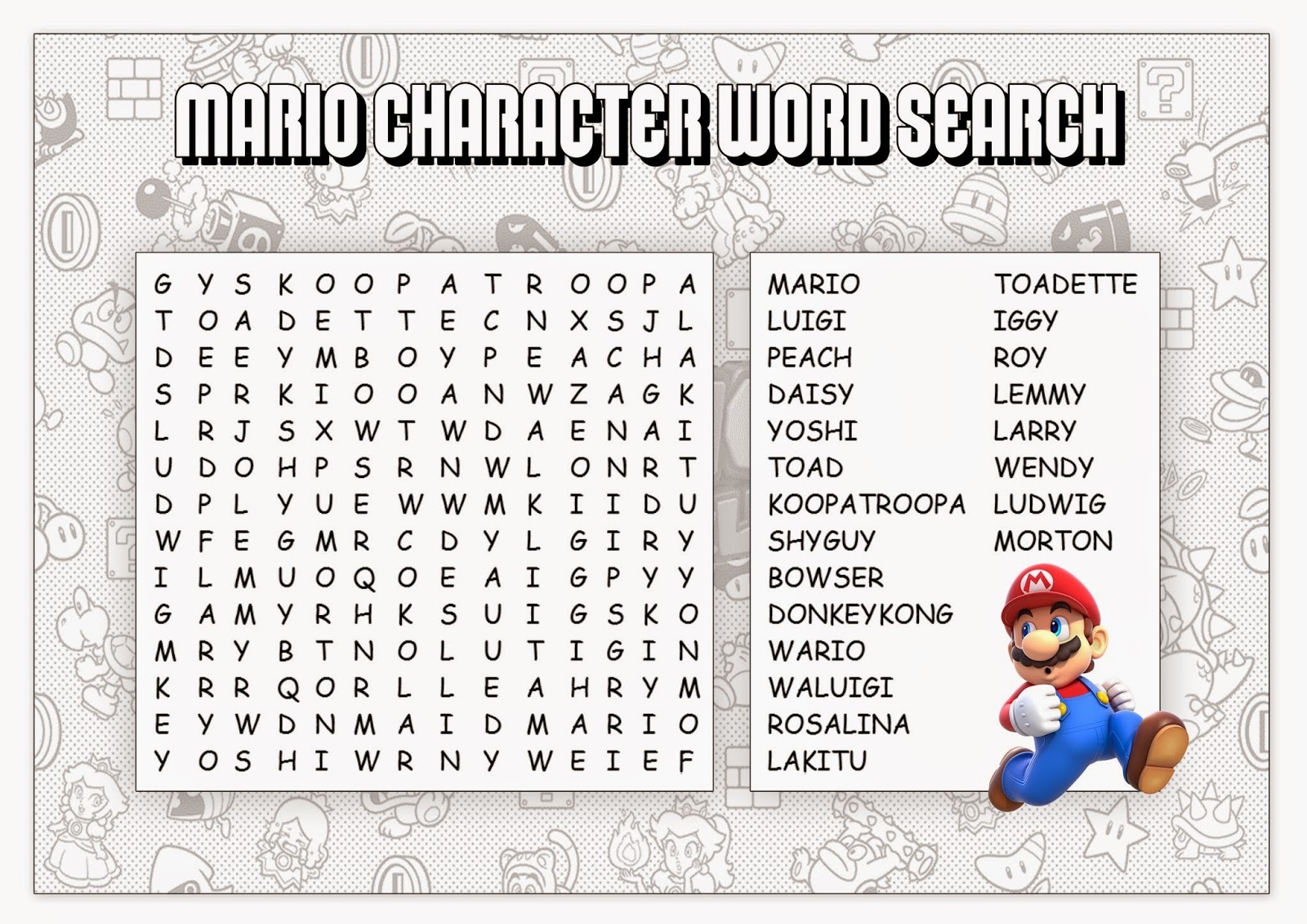 My Super Mario Boy Super Mario Printable Word Searches