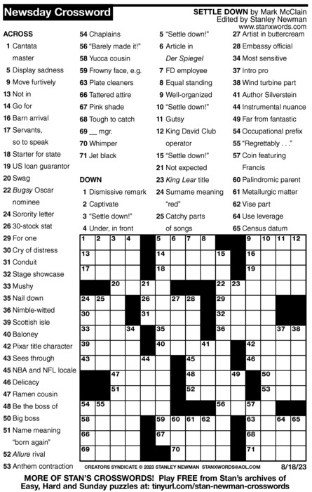 Newsday Crossword Puzzle For Aug 18 2023 By Stanley Newman Creators 