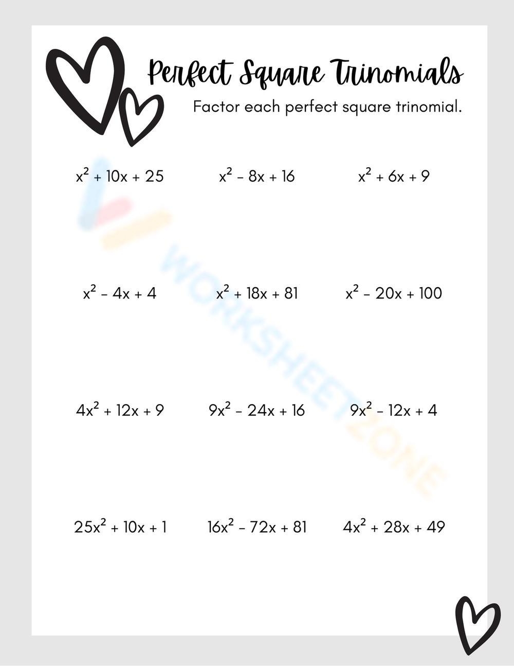 Perfect Square Trinomials Worksheet Collection For Teaching Learning 