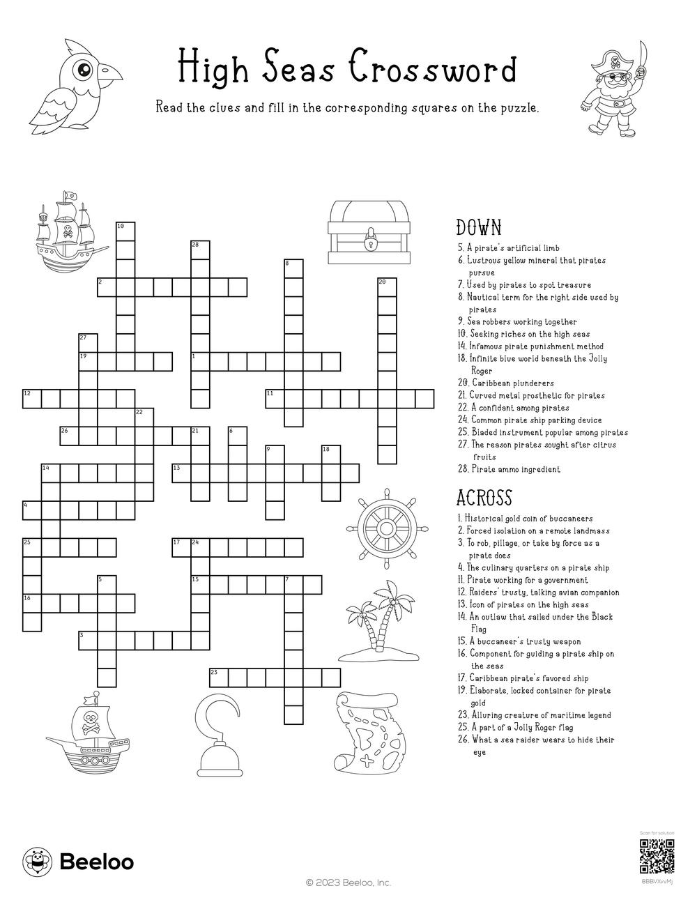 Pirate themed Crossword Puzzles Beeloo Printables