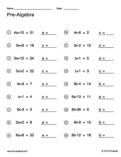 Pre Algebra Worksheets Tim 39 s Printables
