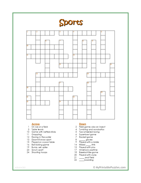 Sports Crossword Puzzle Advanced My Printable Puzzles