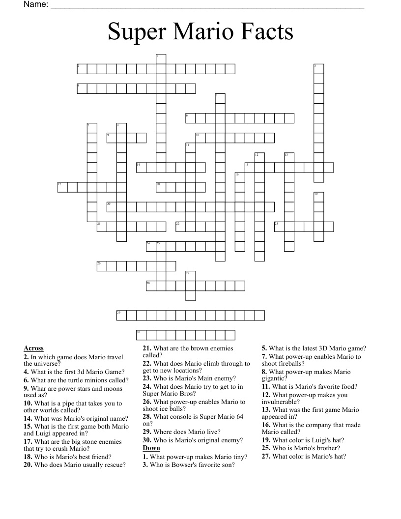 Super Mario Facts Crossword WordMint