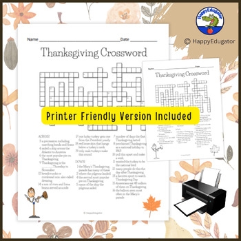 Thanksgiving Crossword Puzzle With Word Bank Fun Facts By HappyEdugator