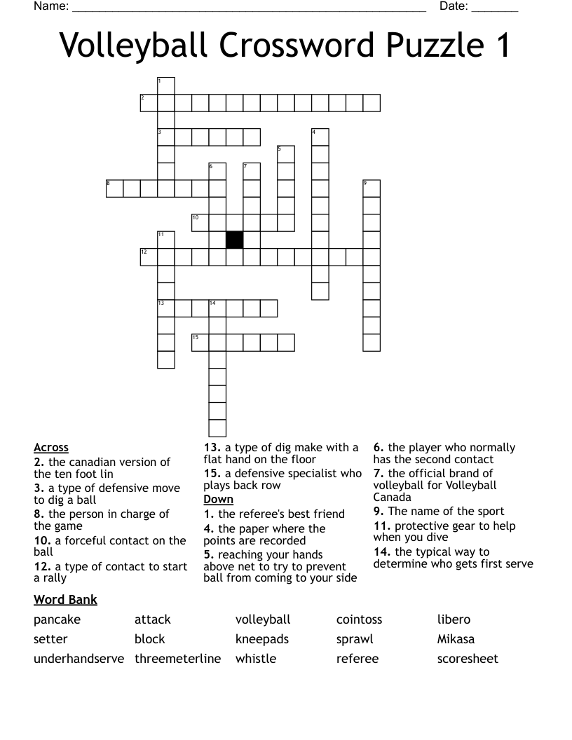 Volleyball Crossword Puzzle 1 WordMint