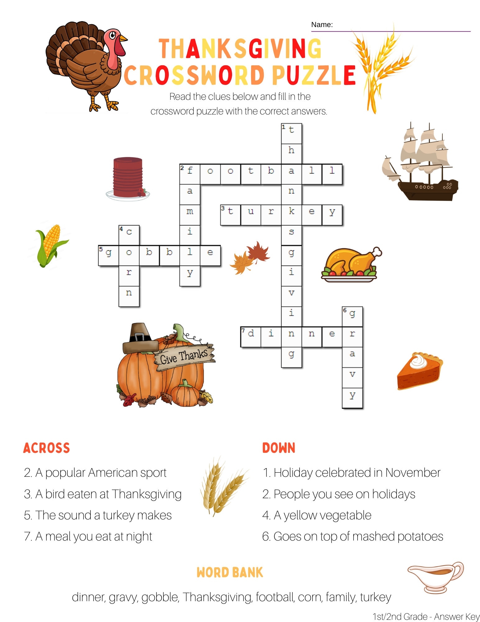 2nd Grade Thanksgiving Crossword Puzzle With Word Bank And Answer Key 