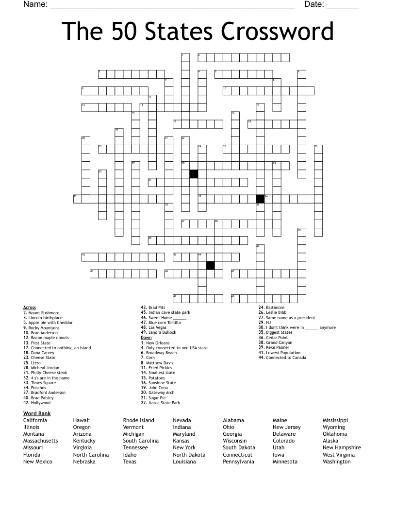 50 States Crossword Puzzle Printable Printable Crossword Puzzles Images