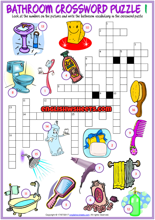 Bathroom Crossword Puzzle ESL Printable Worksheets Vocabulary Exercises 