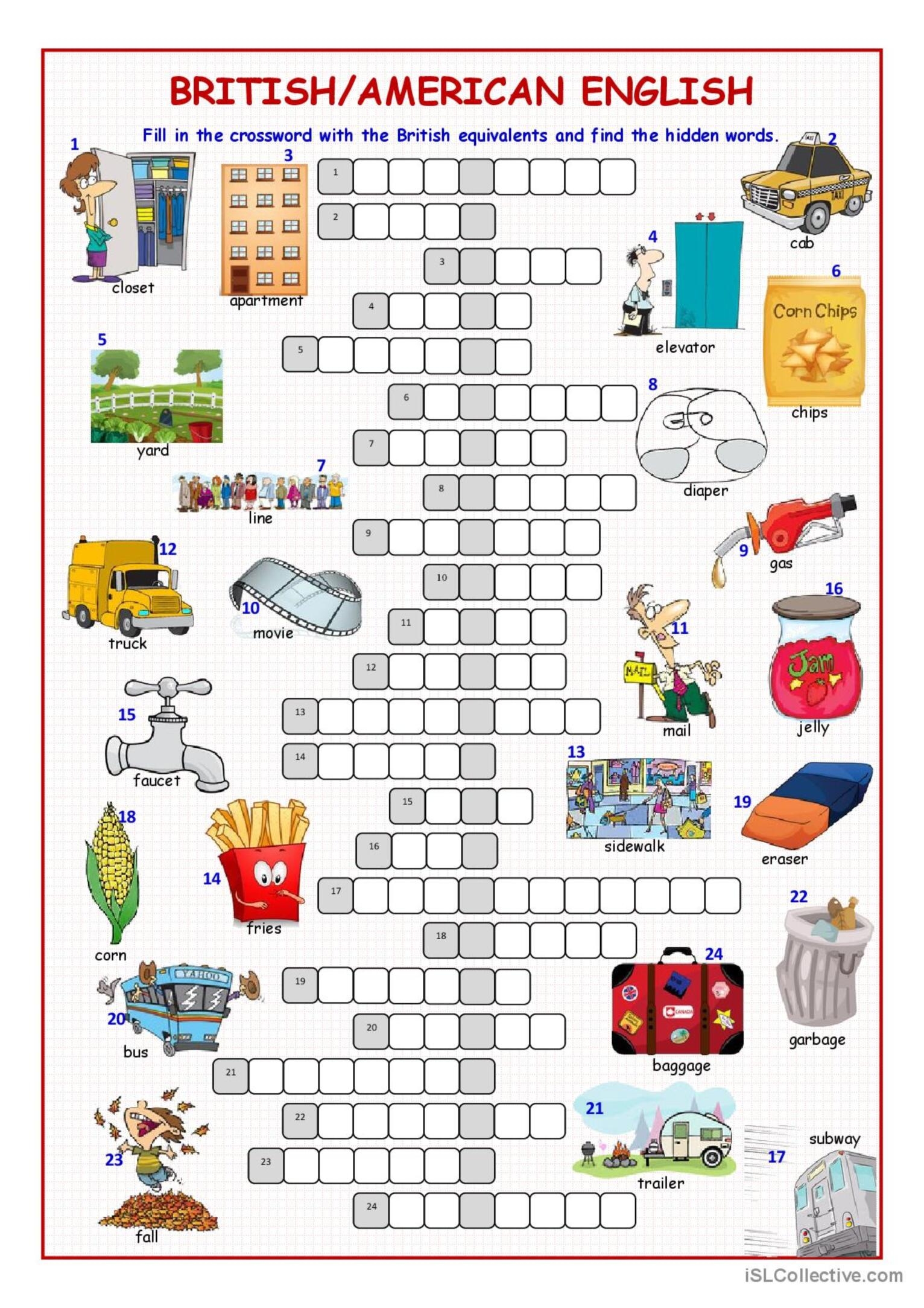 British American English Crossword P English ESL Worksheets Pdf Doc