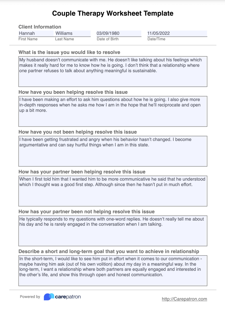 Couples Therapy Worksheet Template Example Free PDF Download DBT 