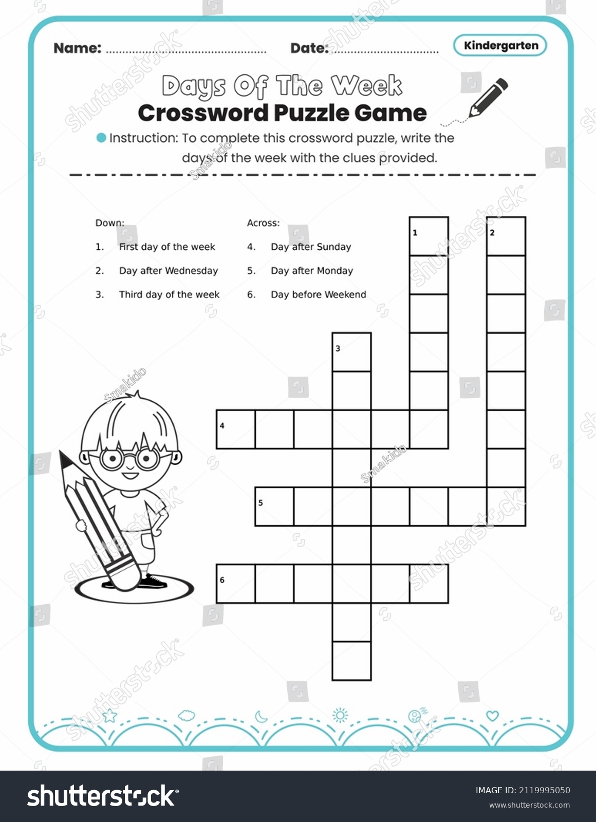Crossword Puzzle Game Kindergarten Printable Worksheet Stock 