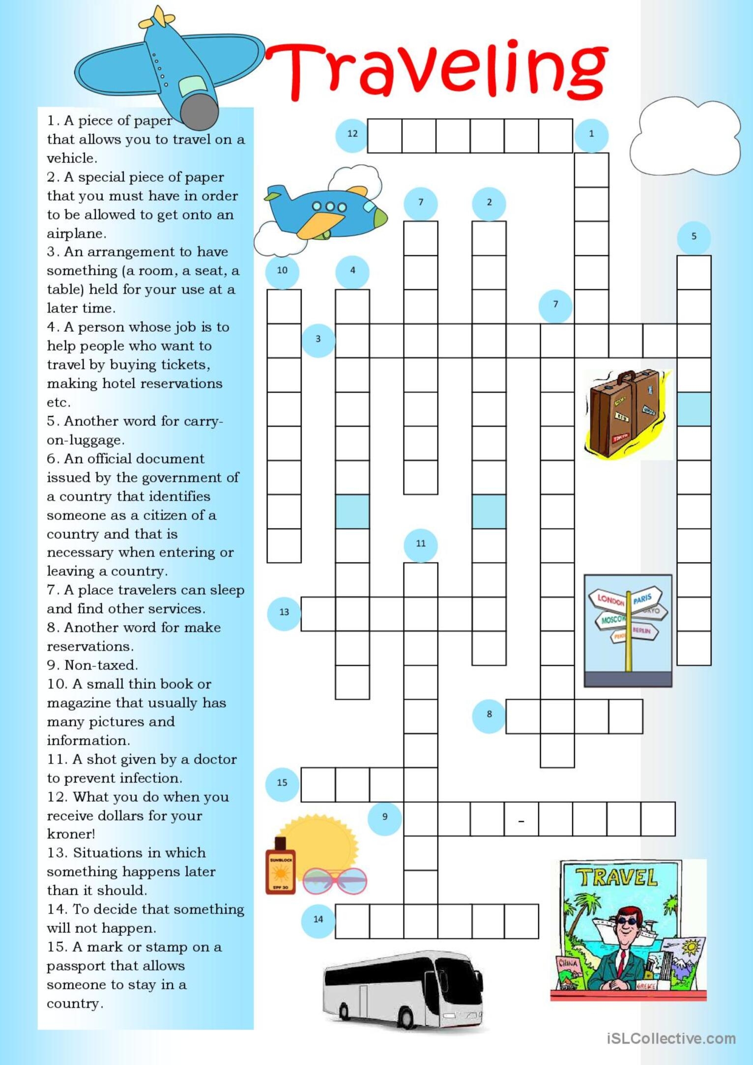 Crossword Traveling Crossword English ESL Worksheets Pdf Doc