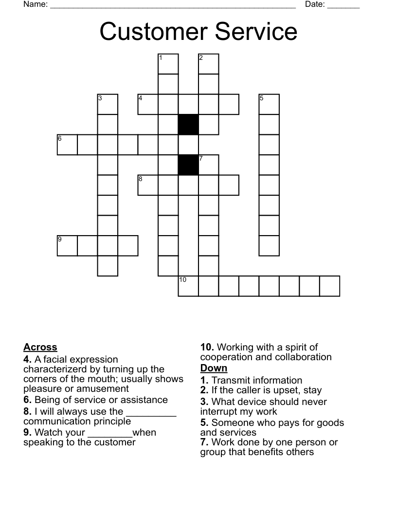 Customer Service Crossword Puzzle WordMint