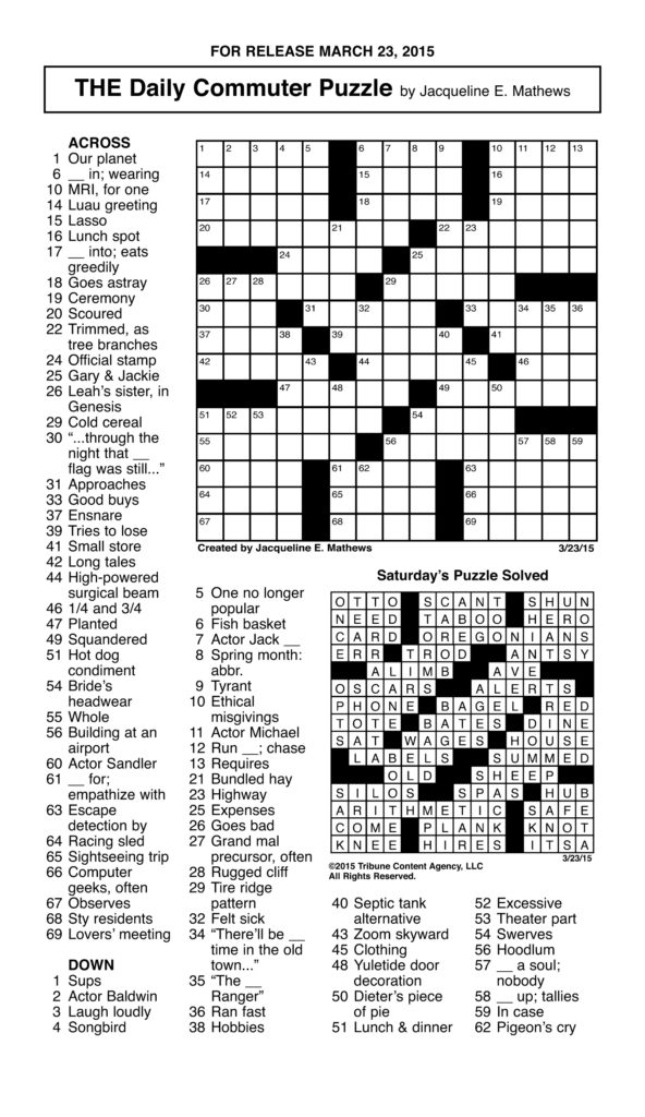 Daily Commuter Crossword Puzzle By Jacqueline Mathews Printable 