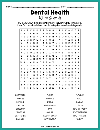 Dental Health Crossword