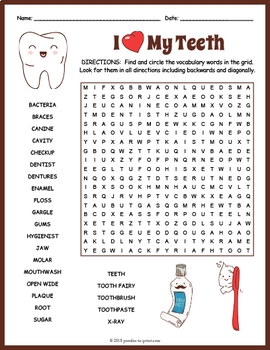 Dental Health Word Search By Puzzles To Print Teachers Pay Teachers