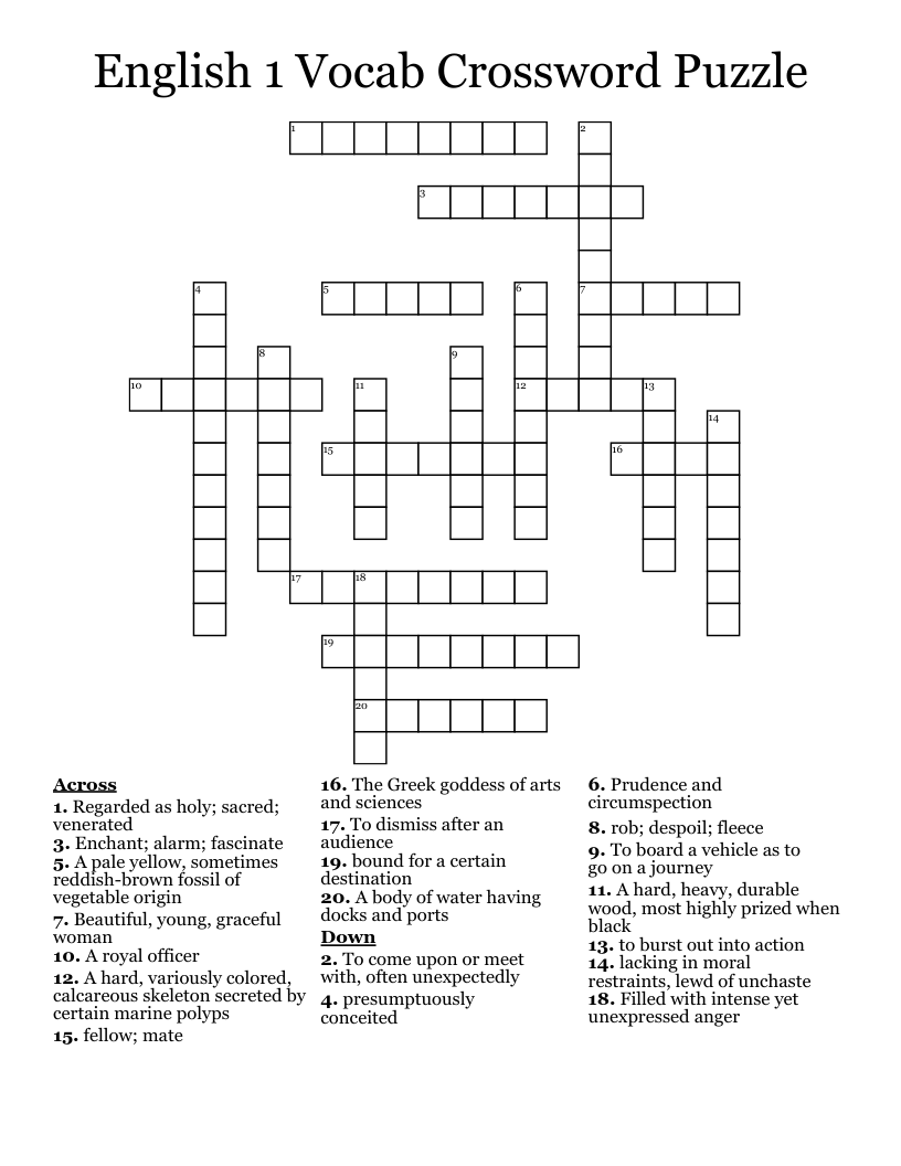 English 1 Vocab Crossword Puzzle WordMint