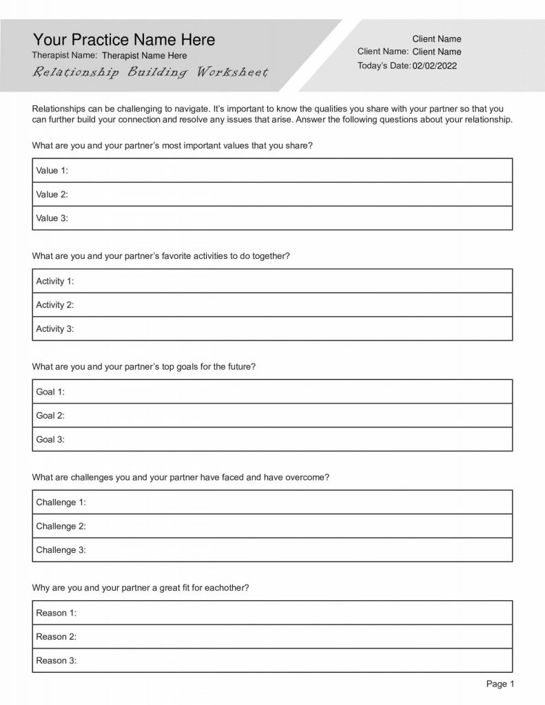 free printable couples therapy worksheets​