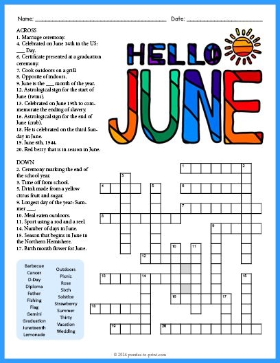 Free Printable June Crossword Word Search In 2024 Word Puzzles For 