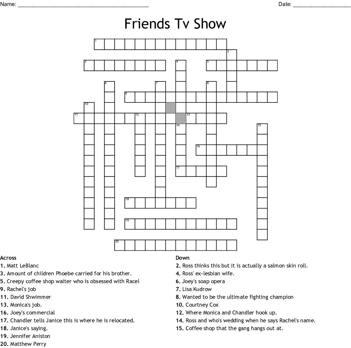 Friends Tv Show Crossword Puzzle Printable FreePrintableTM