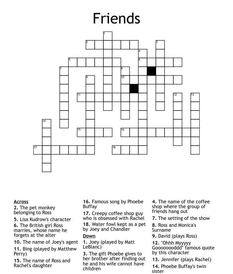 Friends Tv Show Crossword Puzzle Printable FreePrintableTM