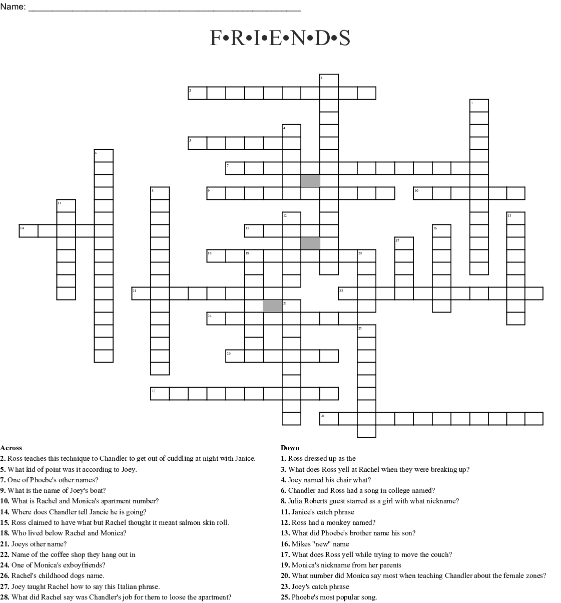 Friends Tv Show Crossword Puzzle Printable FreePrintableTM