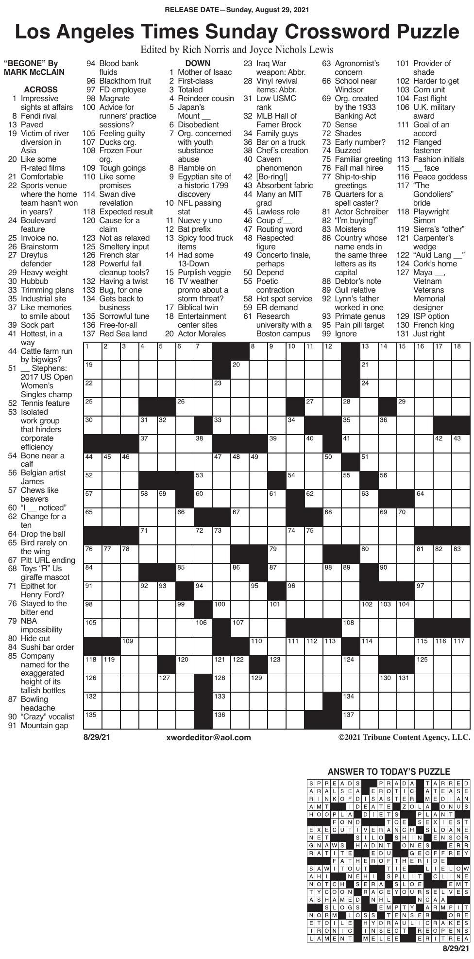 Los Angeles Times Crossword Puzzle Printable