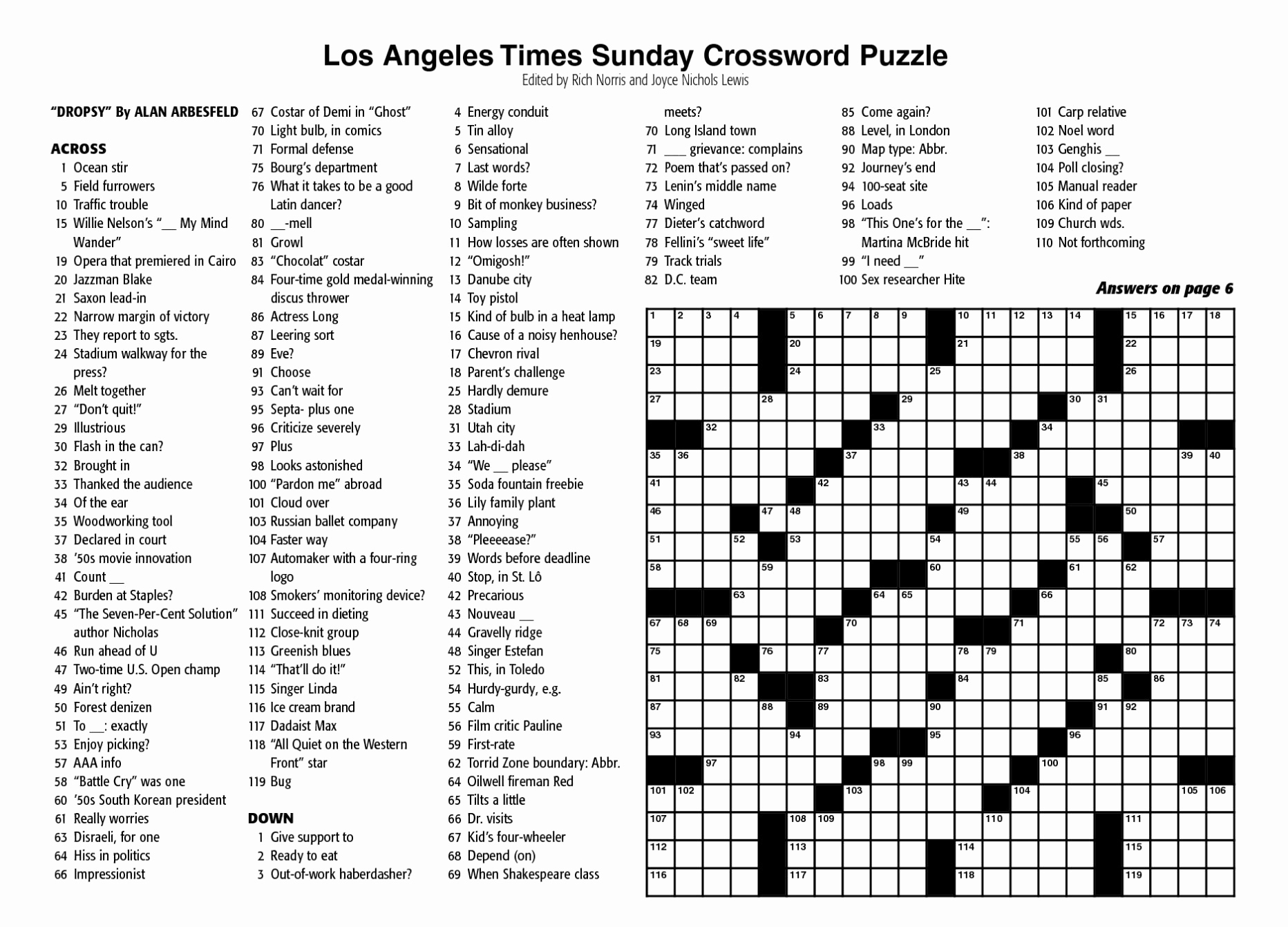 Los Angeles Times Sunday Crossword Puzzle Features Printable Lively 