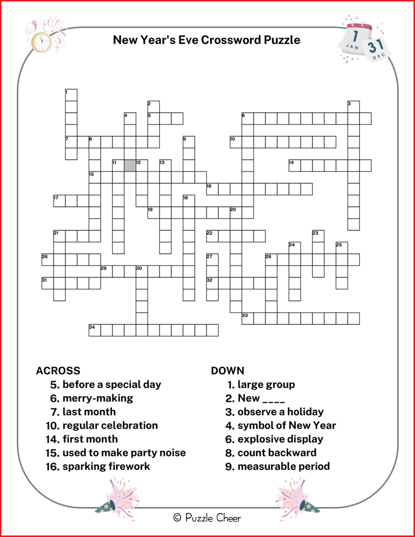 New Year 39 s Eve Crossword Puzzle Puzzle Cheer