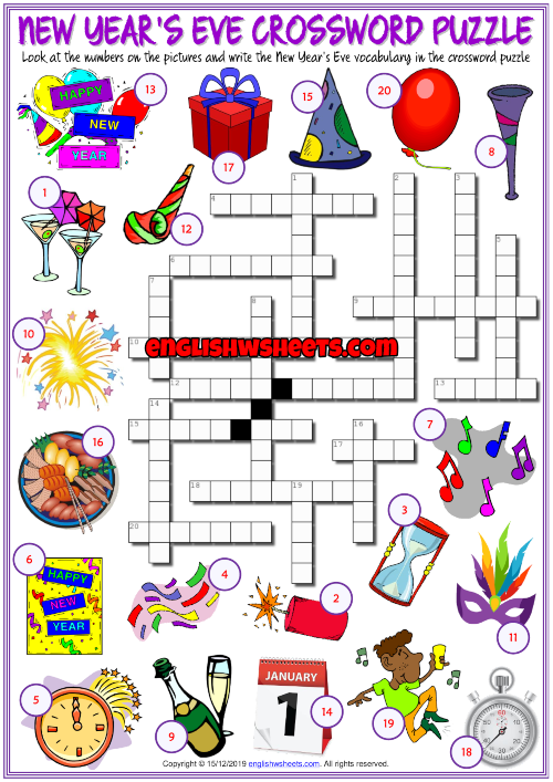 New Year 39 s Eve ESL Crossword Puzzle Worksheet For Kids