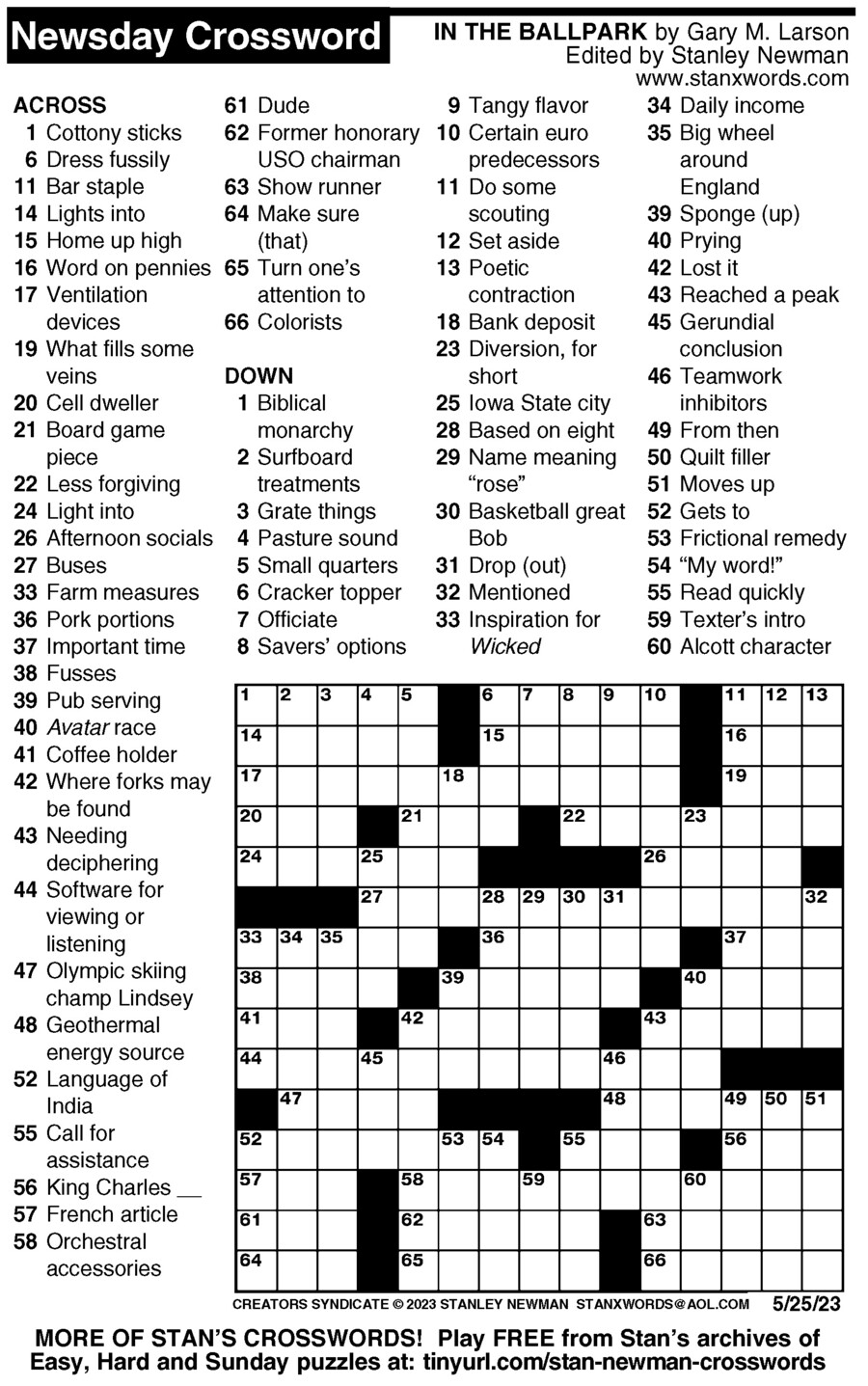 Newsday Crossword Puzzle For May 25 2023 By Stanley Newman Creators 