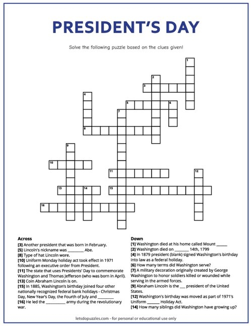 President 39 s Day Crossword