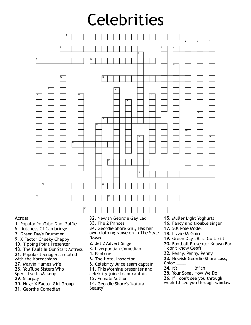 Printable Celebrity Themed Crossword Puzzles Crossword Puzzles Printable