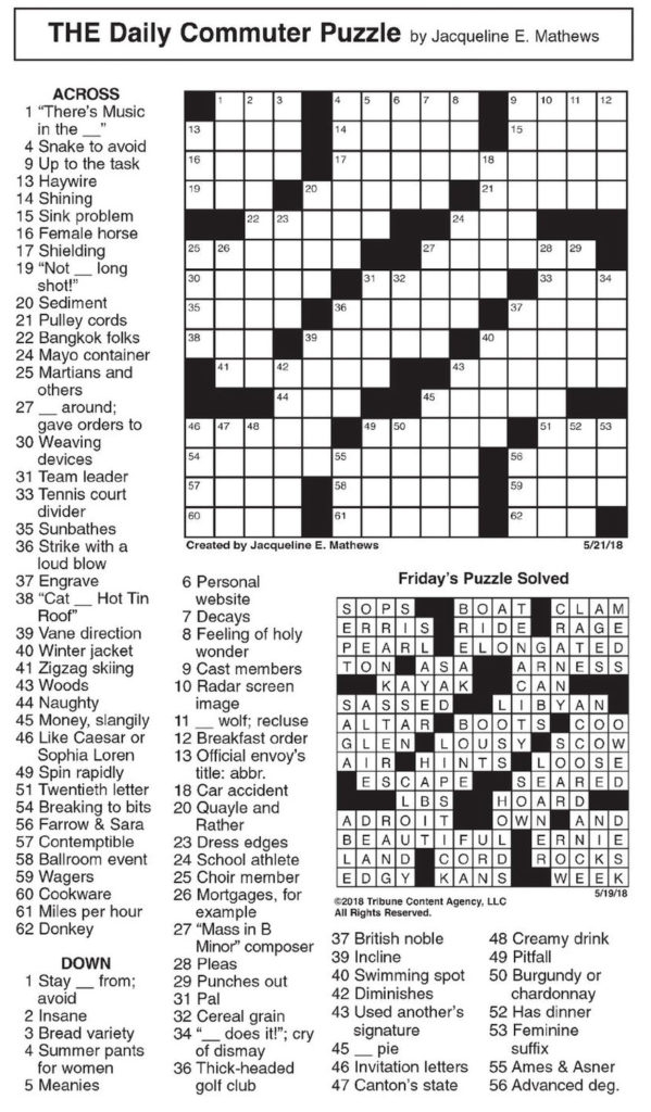Printable Crossword Puzzles By Jacqueline Mathews The Daily Commuter 