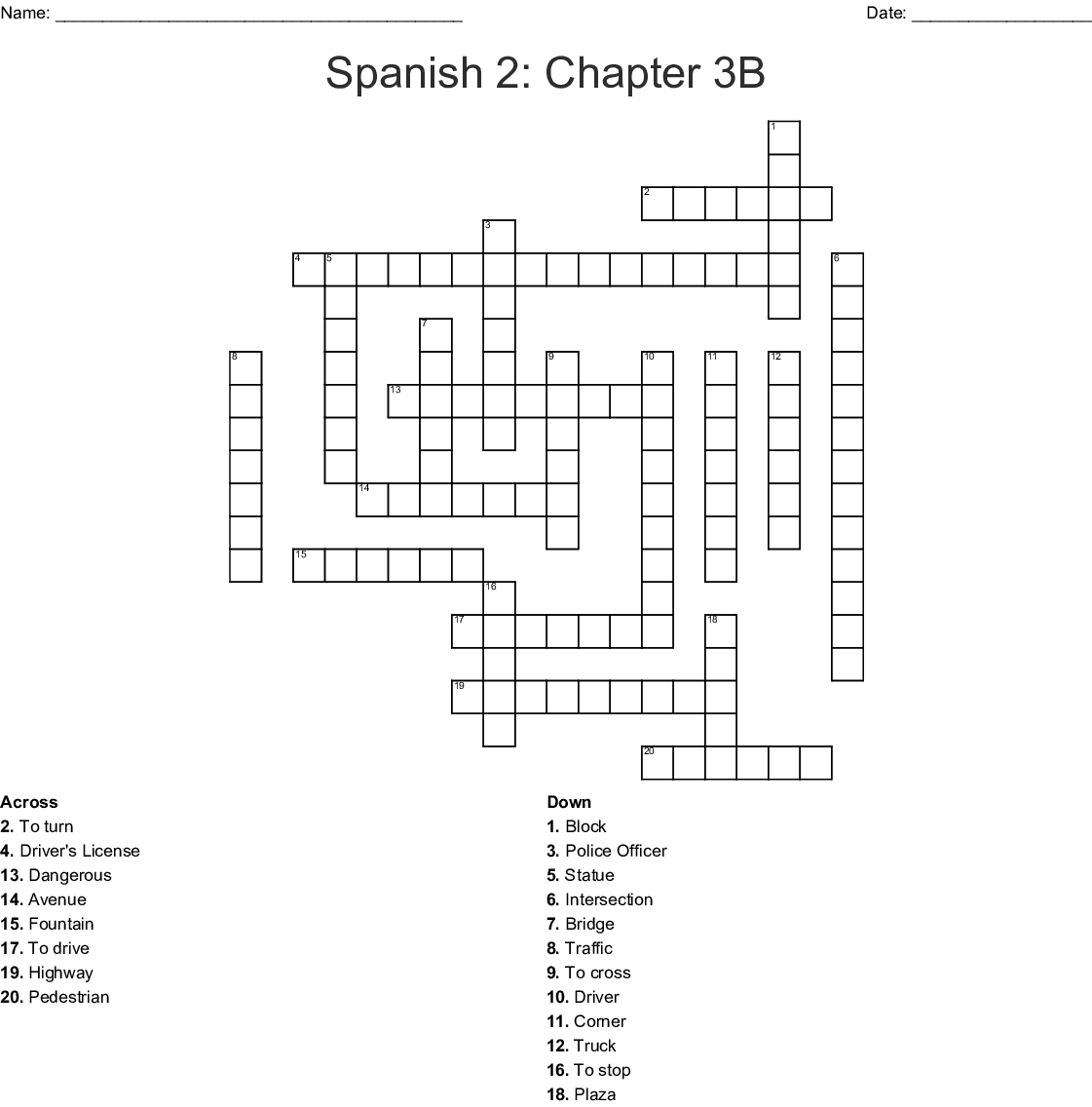 Printable Spanish Crossword Puzzle