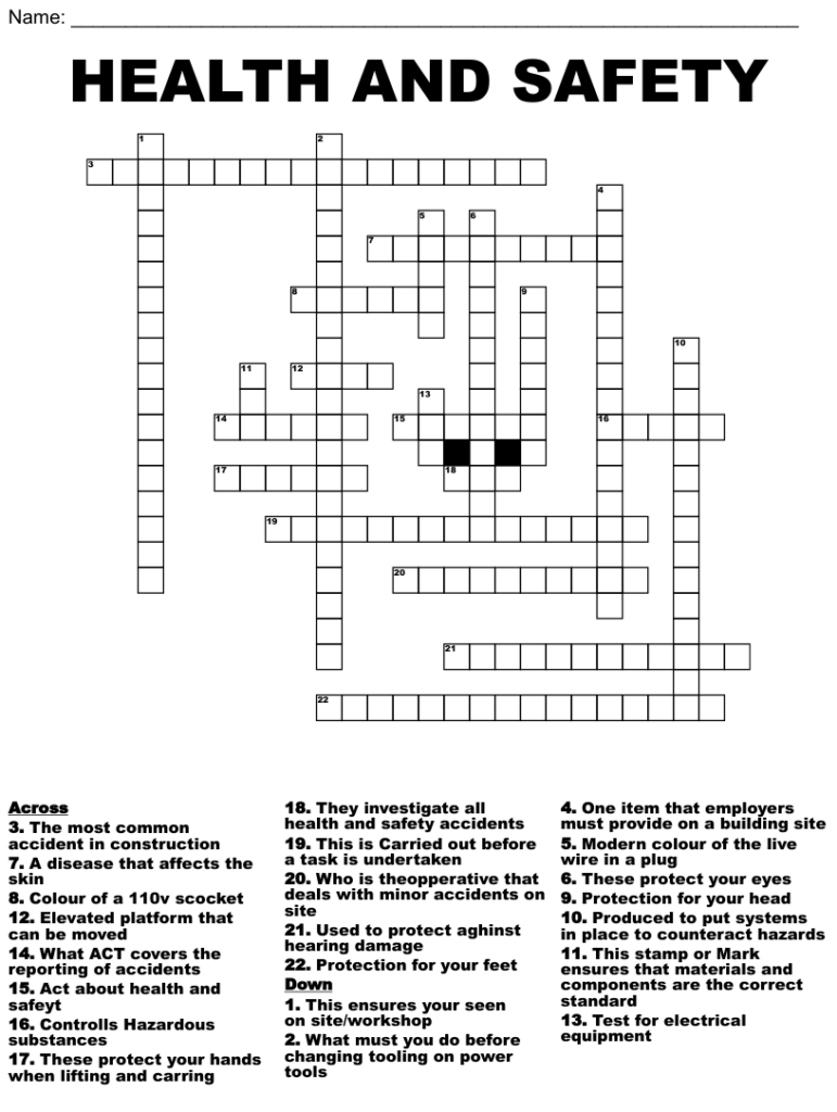 Safety Crossword Puzzle Answer Key Free Crossword Puzzles Printable