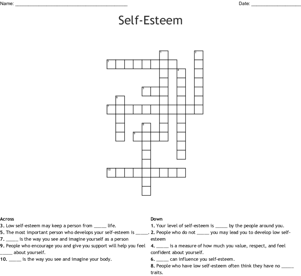 Self Esteem Crossword Puzzle Printable FreePrintableTM