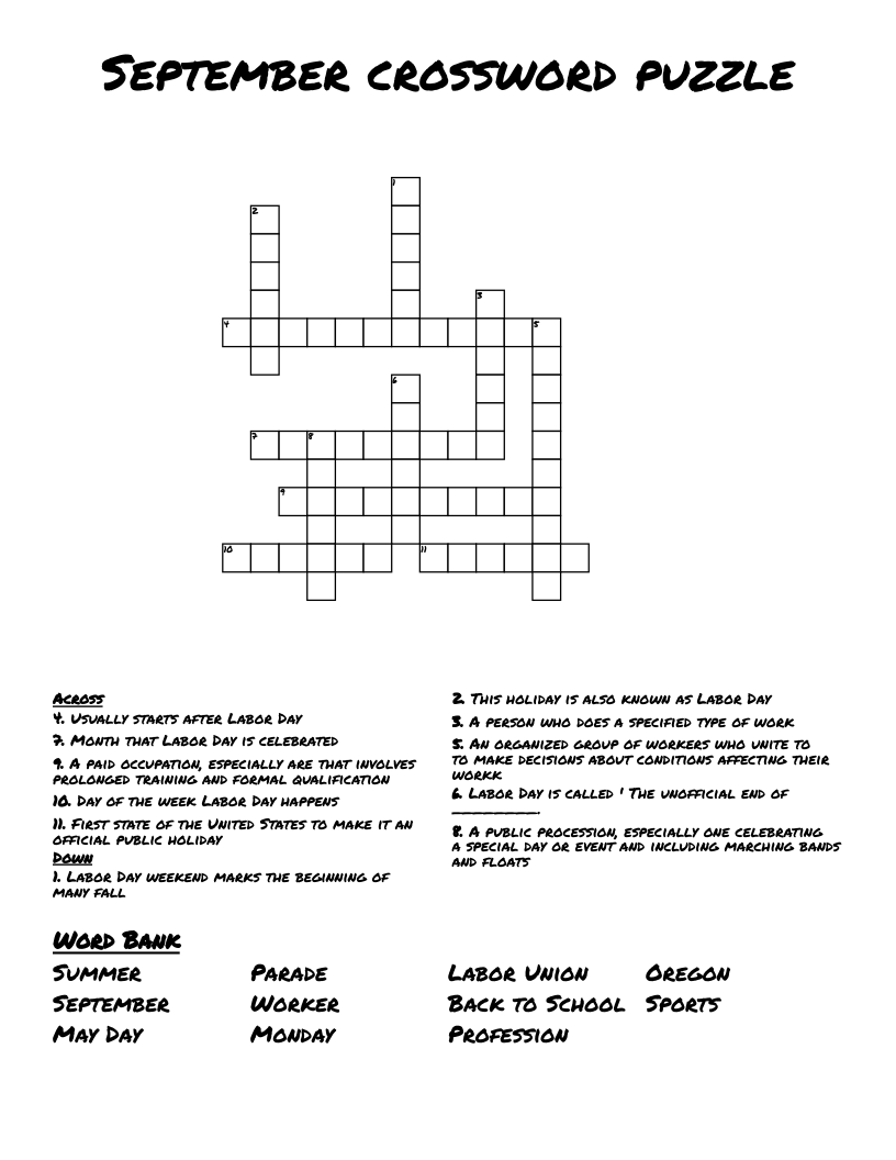 September Crossword Puzzle Printable