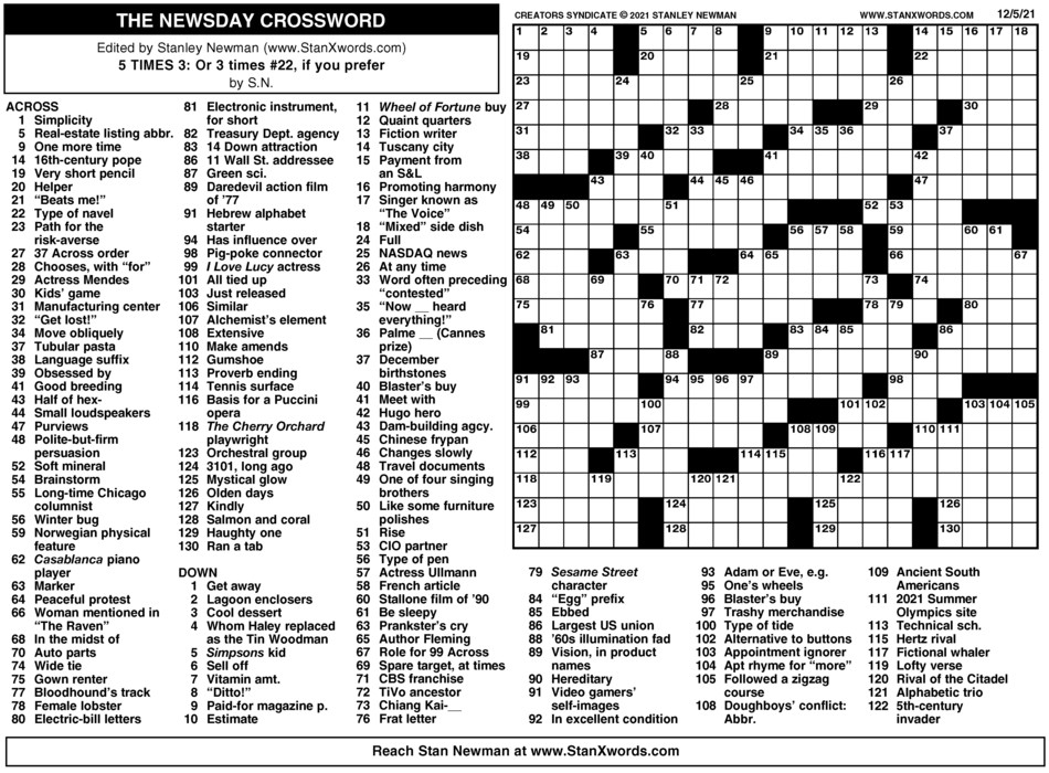 Stanley Newman Crossword Printable Printable Free Templates