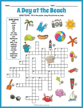 Summer Crossword Puzzle A Day At The Beach By Puzzles To Print TpT