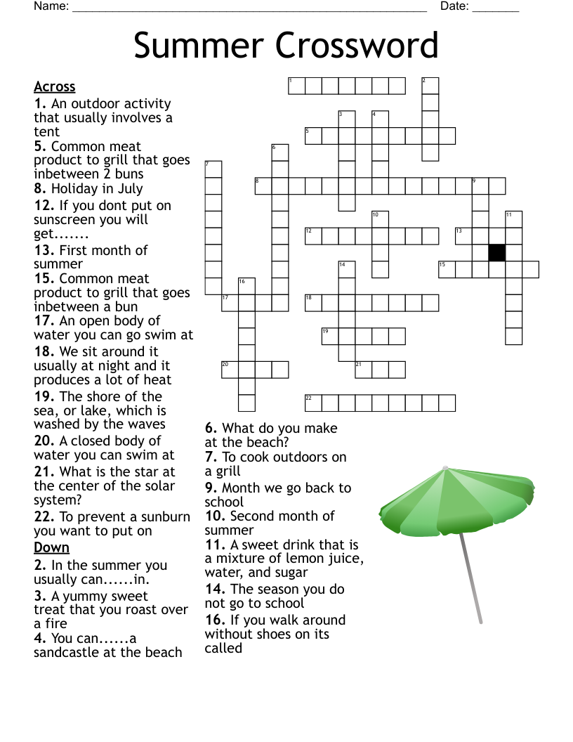 Summer Crossword Puzzle Free Printable